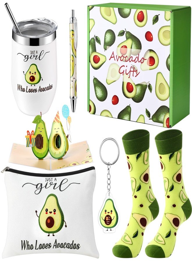Singhoow 6 Pcs Funny Gift Baskets for Women Girls Pickle Avocado Socks with Vegetable Animals Makeup Bag Insulated Tumbler Keychain Greeting Card Pen for Christmas Birthday Party(Avocados) - Image 1